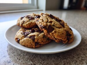 Three freshly baked vegan chocolate chip cookies piled on a small white plate.