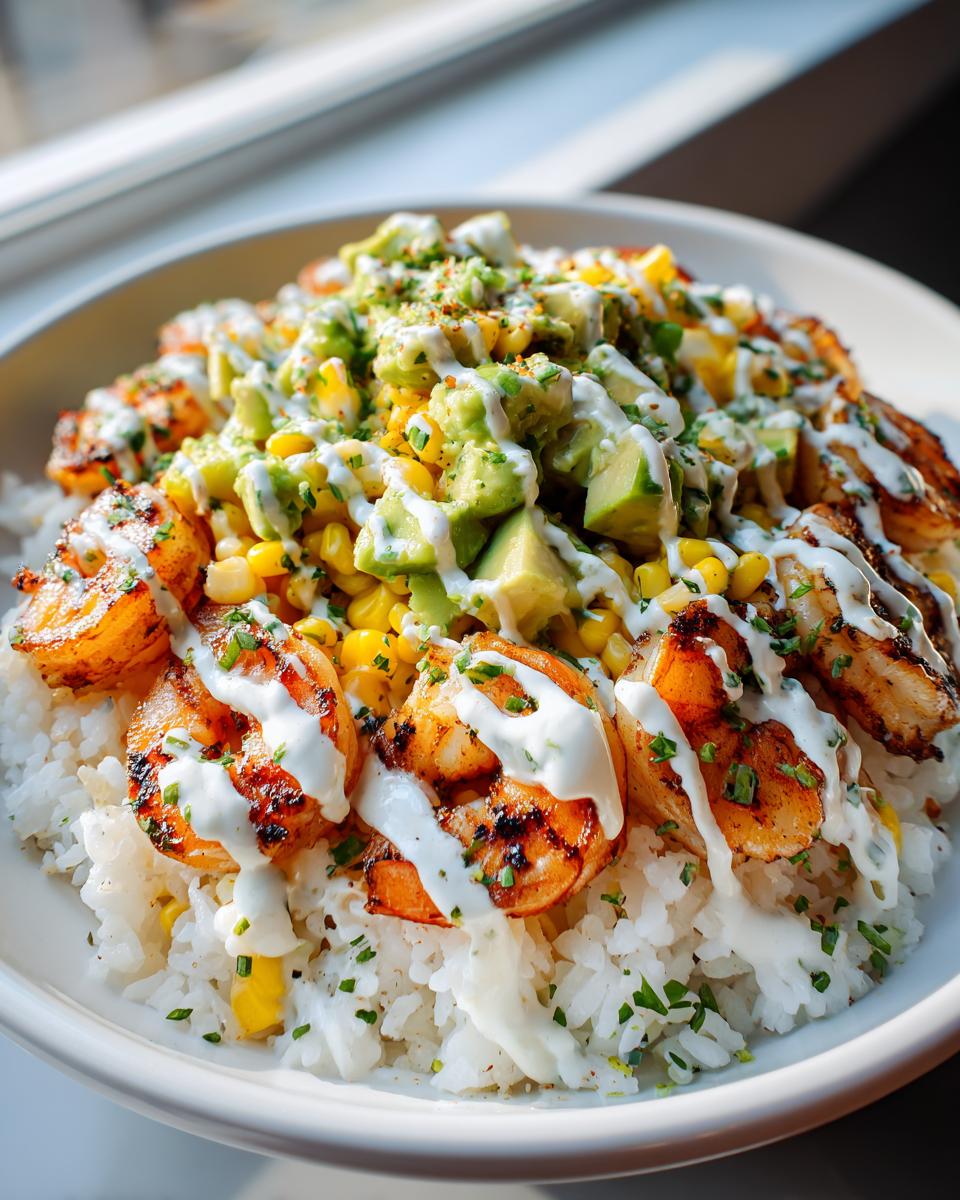 Close-up of a vibrant shrimp bowl featuring grilled shrimp, white rice, corn, diced avocado, and a creamy white drizzle.