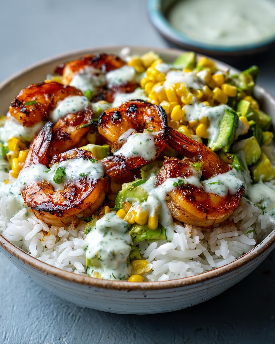 Close-up of a delicious shrimp bowl featuring grilled shrimp, white rice, corn, avocado, and a drizzle of creamy green sauce.