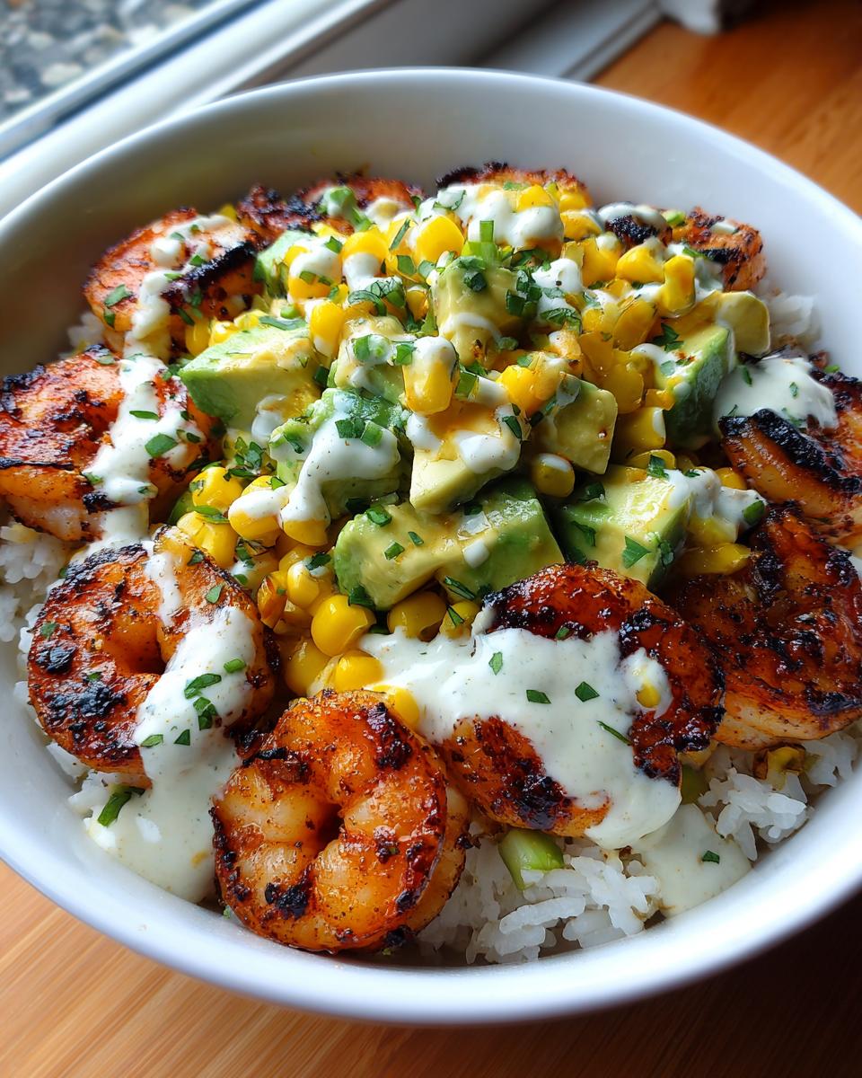 Close-up of a vibrant shrimp bowl featuring grilled shrimp, avocado chunks, corn, and a creamy white sauce over rice.
