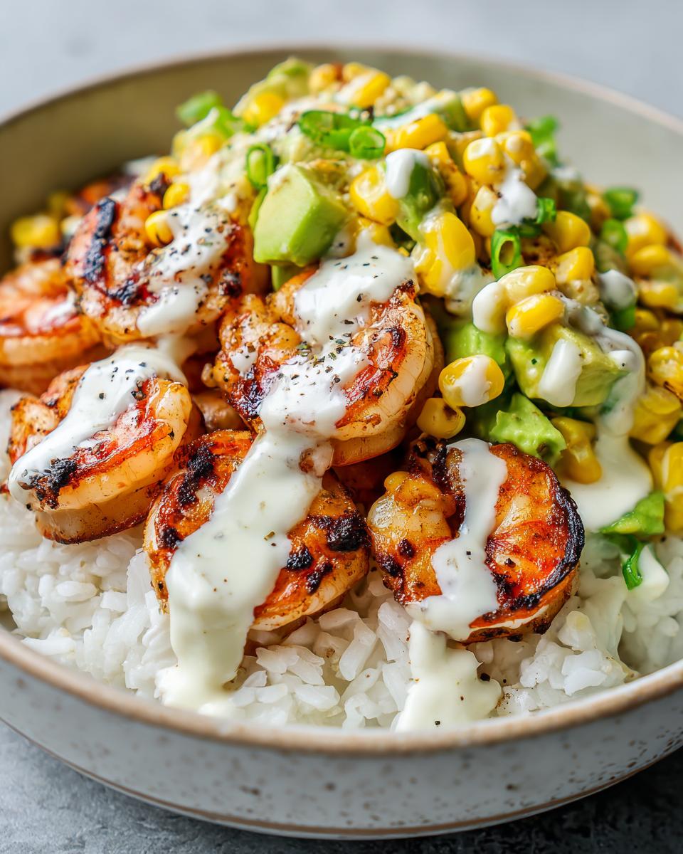 Close-up of a delicious shrimp bowl featuring grilled shrimp over white rice, topped with corn, avocado, and a creamy white sauce.