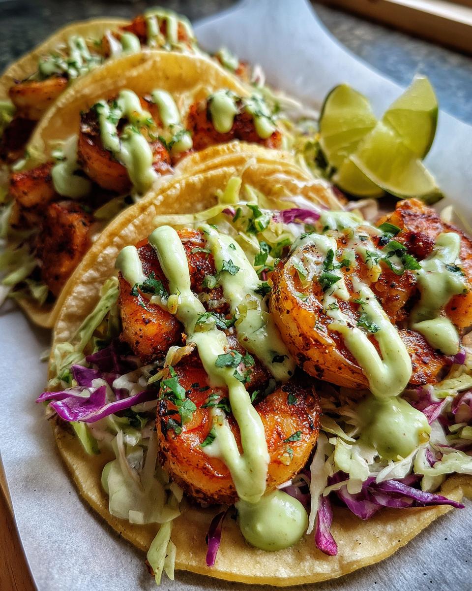 Close-up of several shrimp taco shells filled with seasoned shrimp, cabbage slaw, and drizzled with a creamy green sauce.