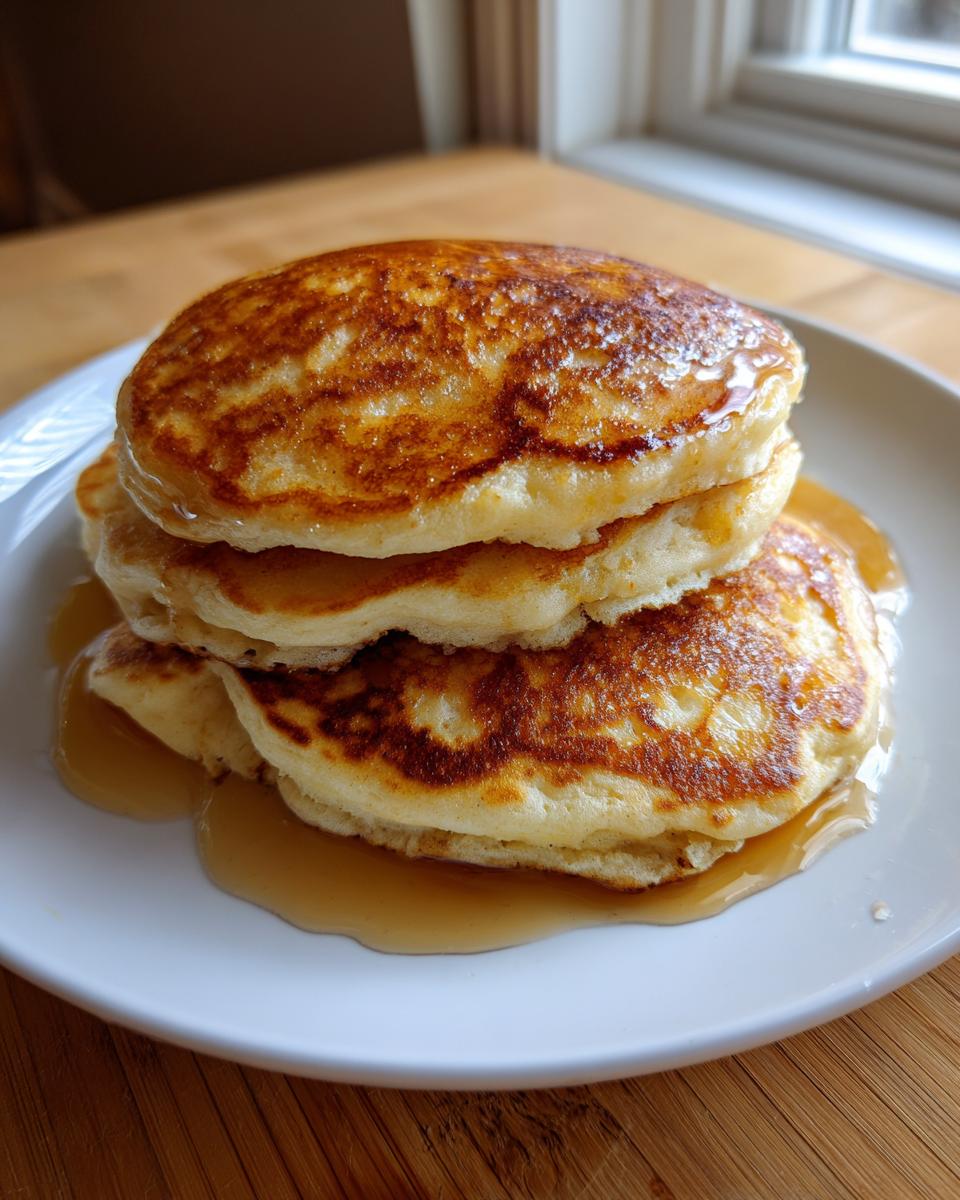 A stack of three golden-brown almond flour pancakes drizzled generously with maple syrup on a white plate.