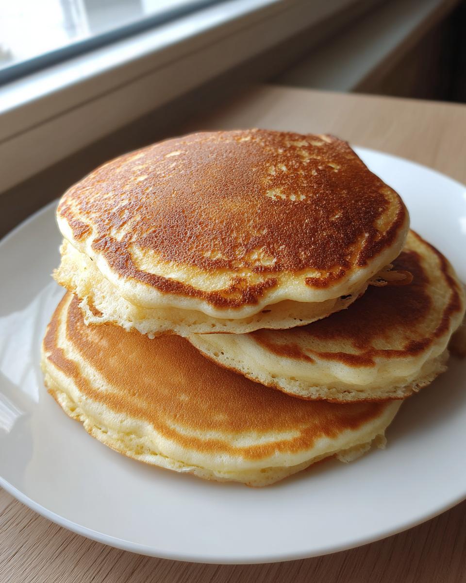 A close-up stack of three perfectly golden brown almond flour pancakes served on a white plate.
