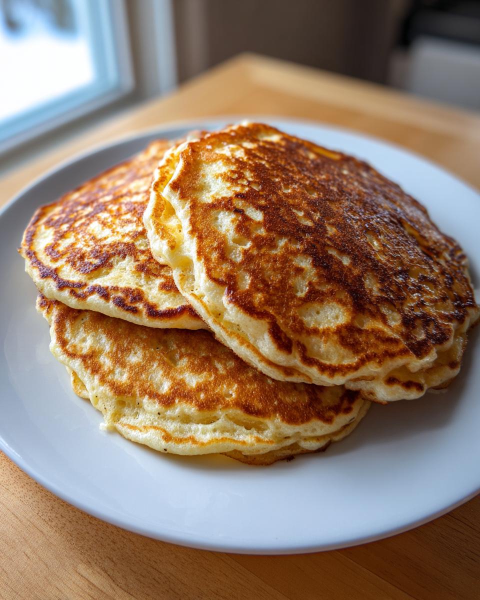 A stack of three perfectly golden brown almond flour pancakes on a white plate.