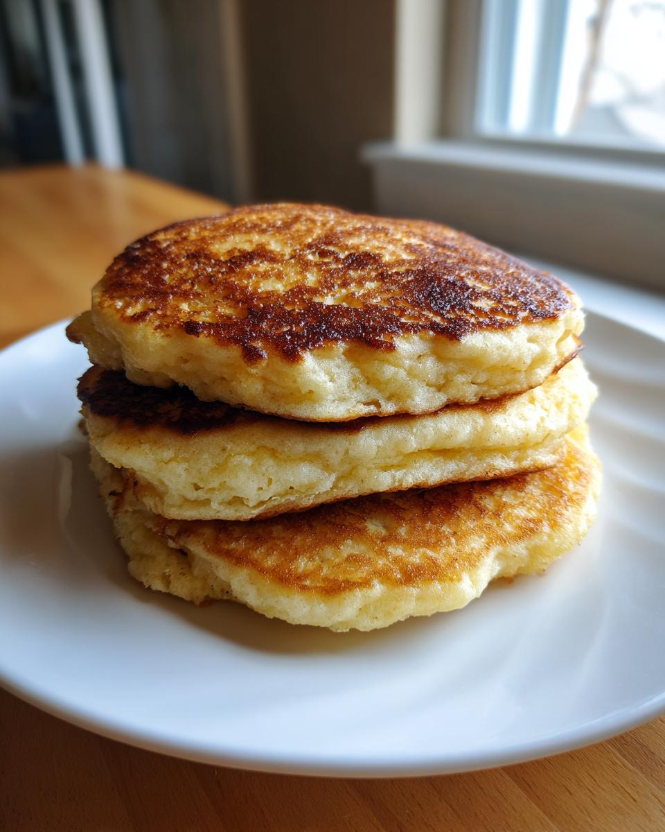 A close-up stack of three golden-brown almond flour pancakes served on a white plate.