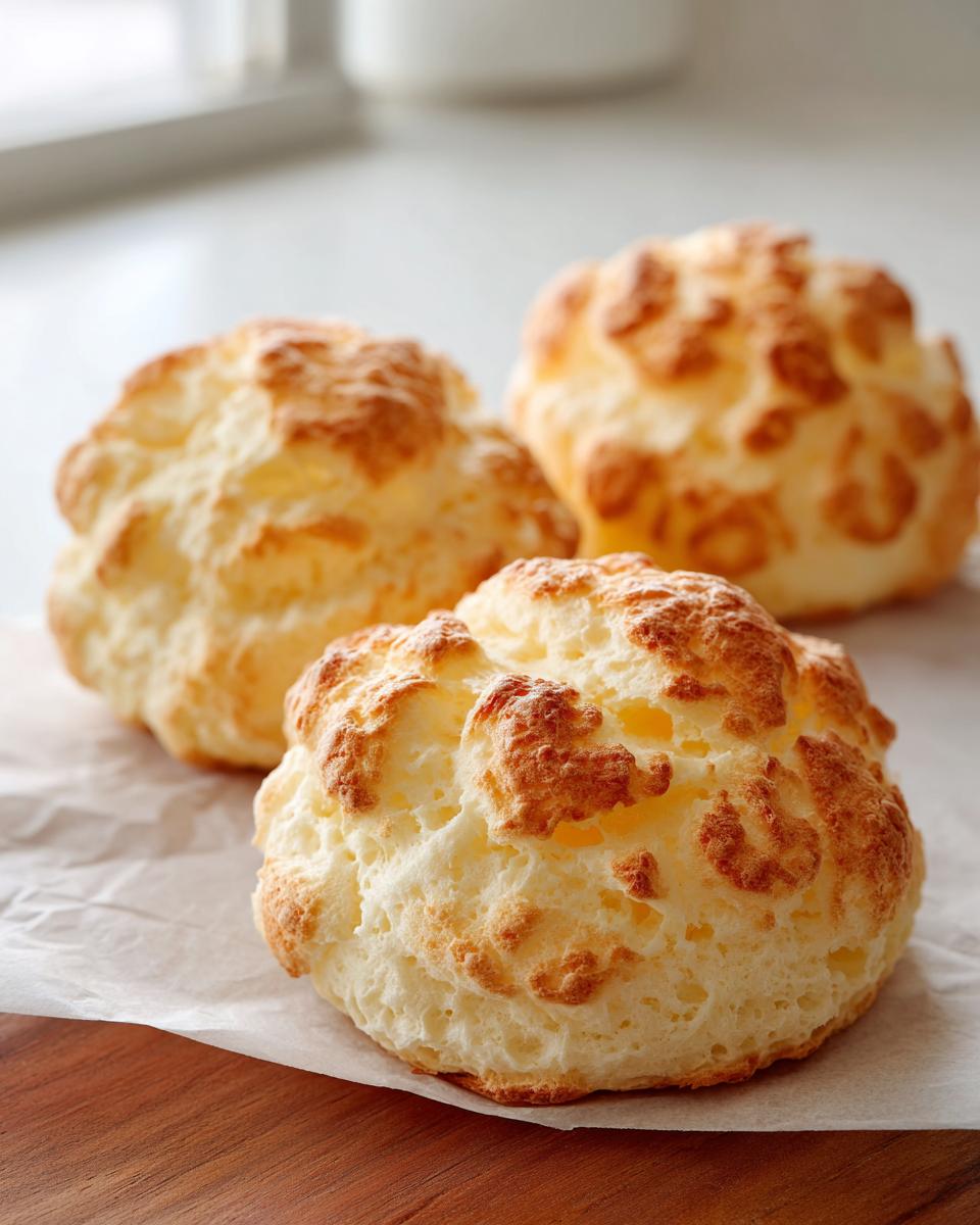 Three freshly baked, light and fluffy cloud bread rolls with golden-brown tops resting on parchment paper.