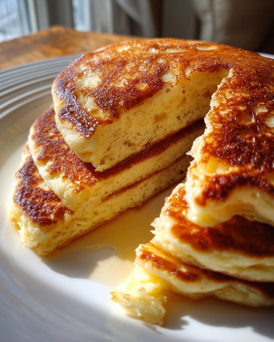 Close-up of a thick stack of fluffy discard pancakes drizzled with syrup on a white plate.