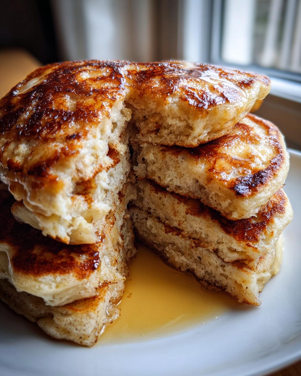 Close-up of a tall stack of fluffy discard pancakes with a piece cut out, drizzled with syrup.
