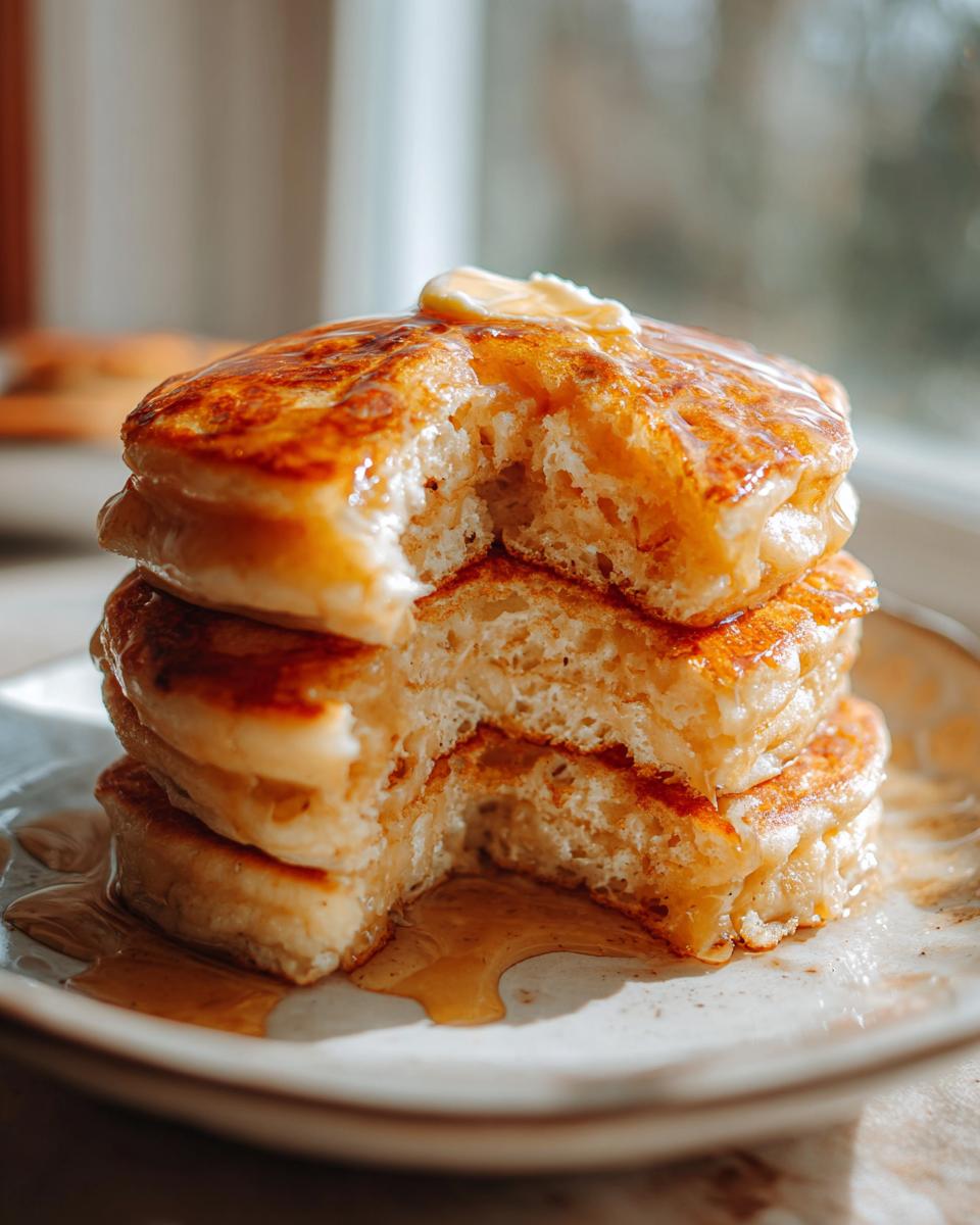 A stack of fluffy discard pancakes with a bite taken out, topped with melting butter and drizzled with syrup.