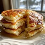 A close-up of a stack of fluffy discard pancakes, broken open to show the soft interior, covered in syrup.