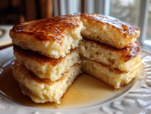 Close-up of a thick stack of fluffy discard pancakes, cut open and drenched in golden syrup on a white plate.