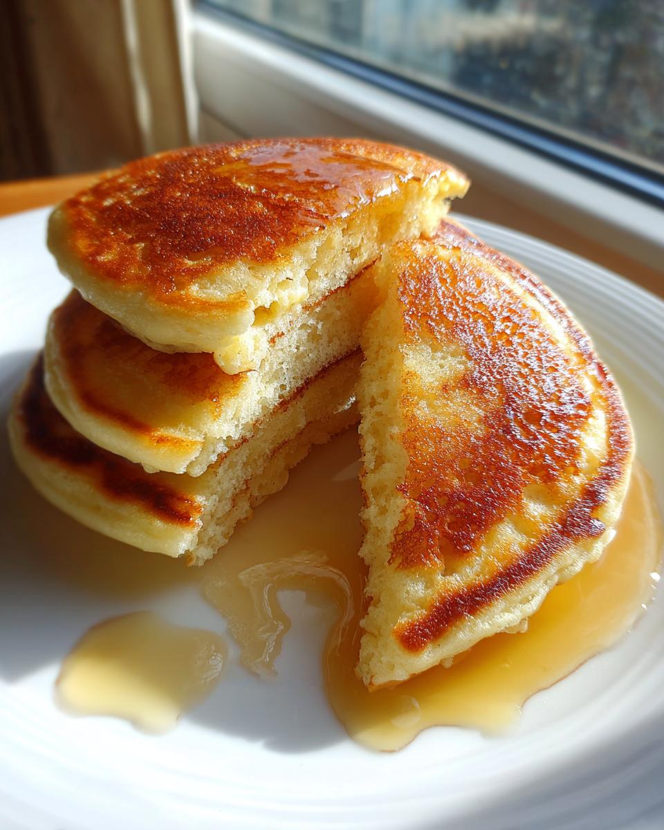 A stack of three fluffy discard pancakes, cut open to show the texture, drizzled generously with syrup.