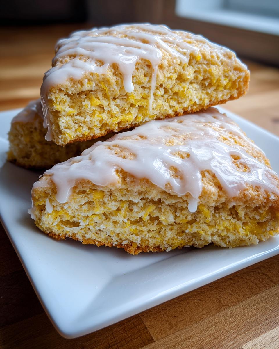 Two stacked, fluffy lemon scones topped with a thick white lemon glaze, showing the moist interior texture.
