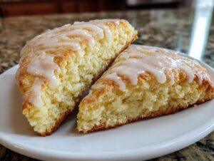 Two halves of a fluffy lemon scone, drizzled with a thick white glaze, resting on a white plate.