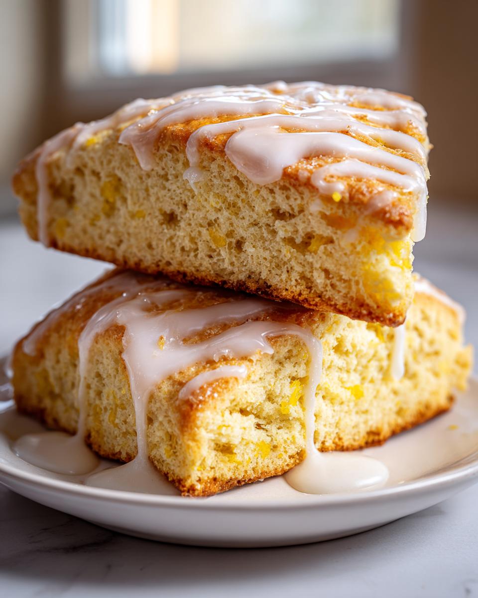 Two fluffy lemon scones stacked on a white plate, drizzled generously with a thick, white lemon glaze.