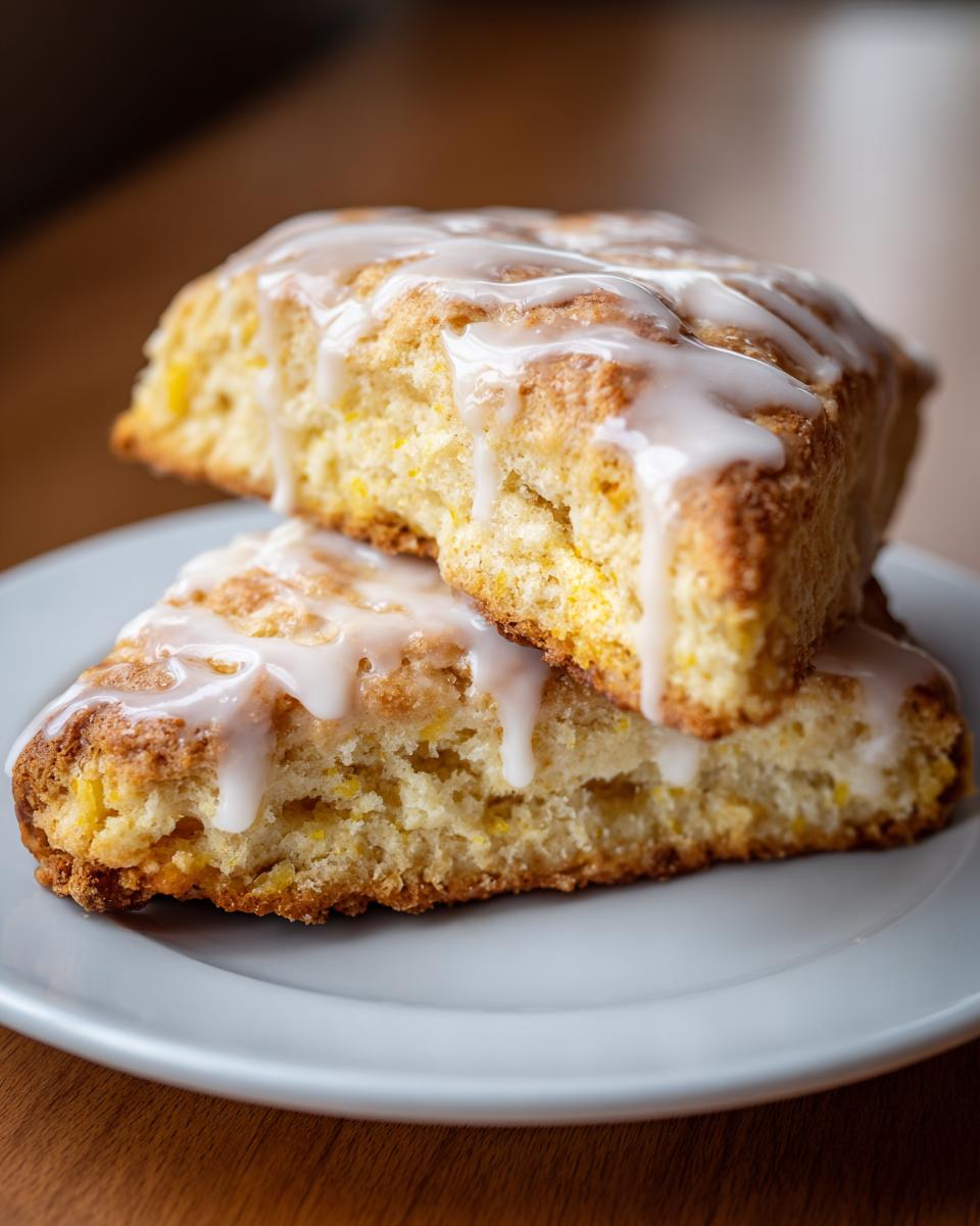 Two fluffy lemon scones stacked on a plate, drizzled generously with white lemon icing.