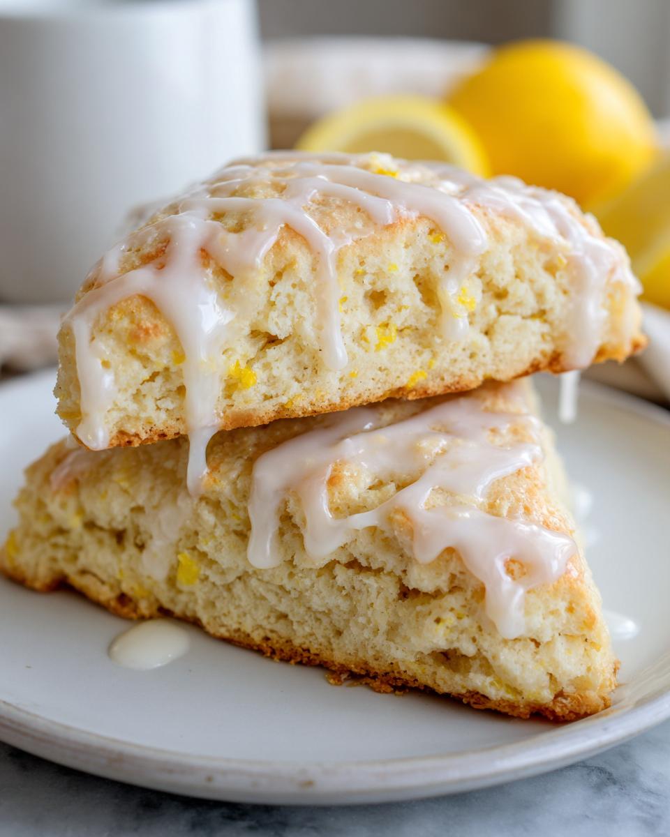 Two stacked, fluffy lemon scones topped with a thick, white lemon glaze, showing the moist interior.