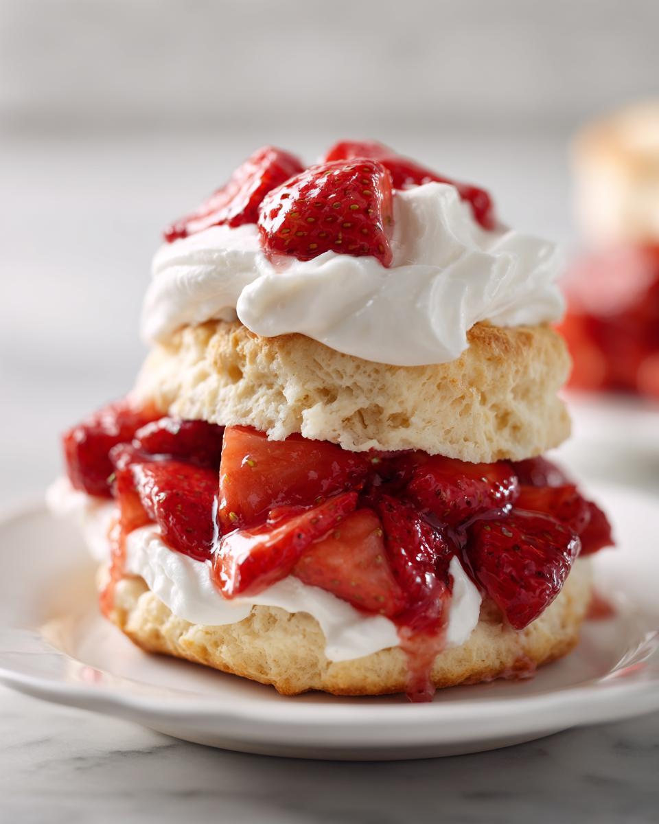 Close-up of a fluffy shortcake layered with whipped cream and macerated strawberries.