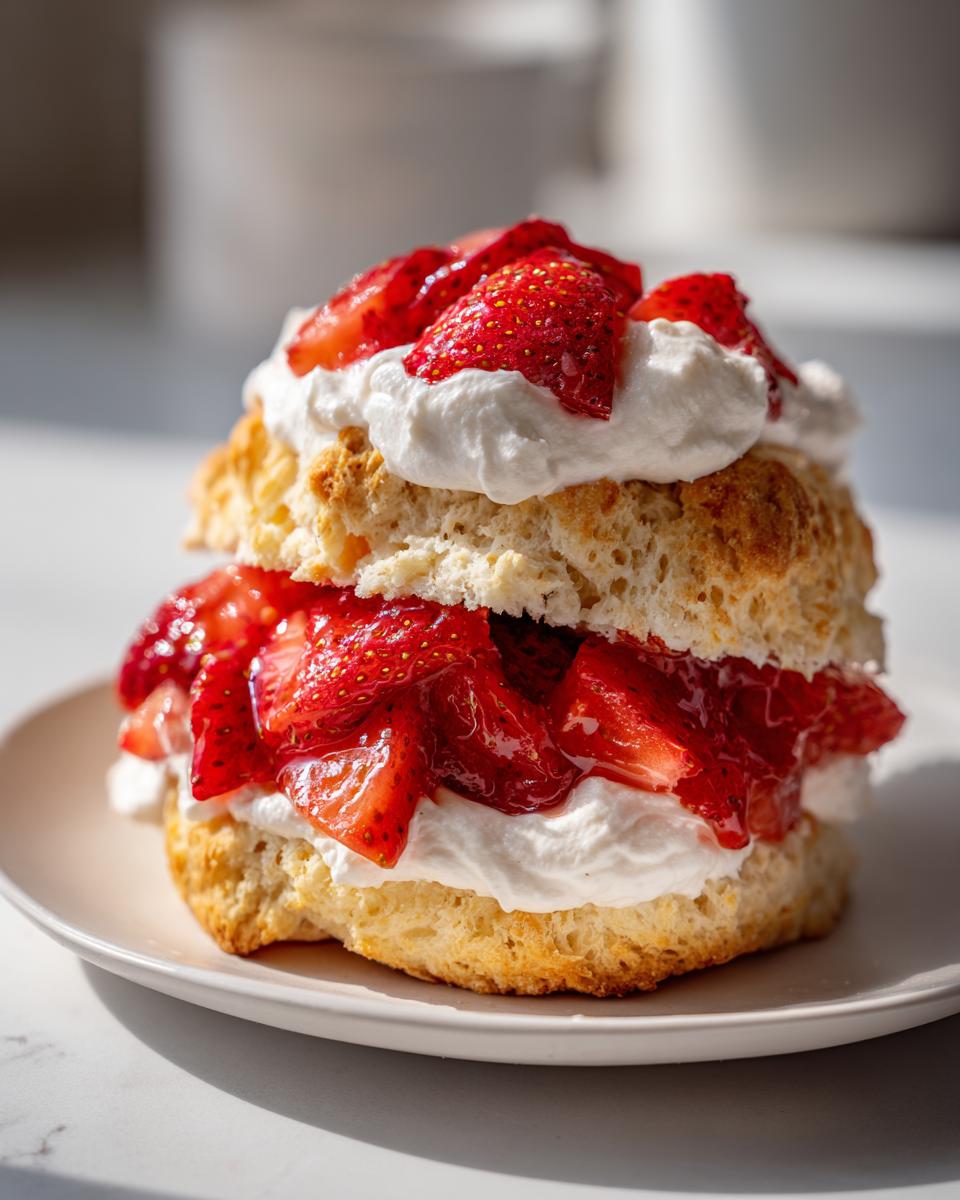 A delicious, fluffy shortcake layered with whipped cream and macerated strawberries, ready to eat.