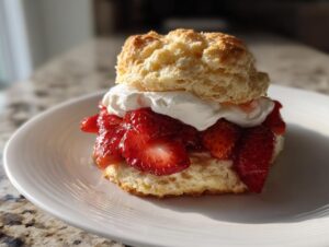 A close-up of a fluffy shortcake split and filled with macerated strawberries and whipped cream.