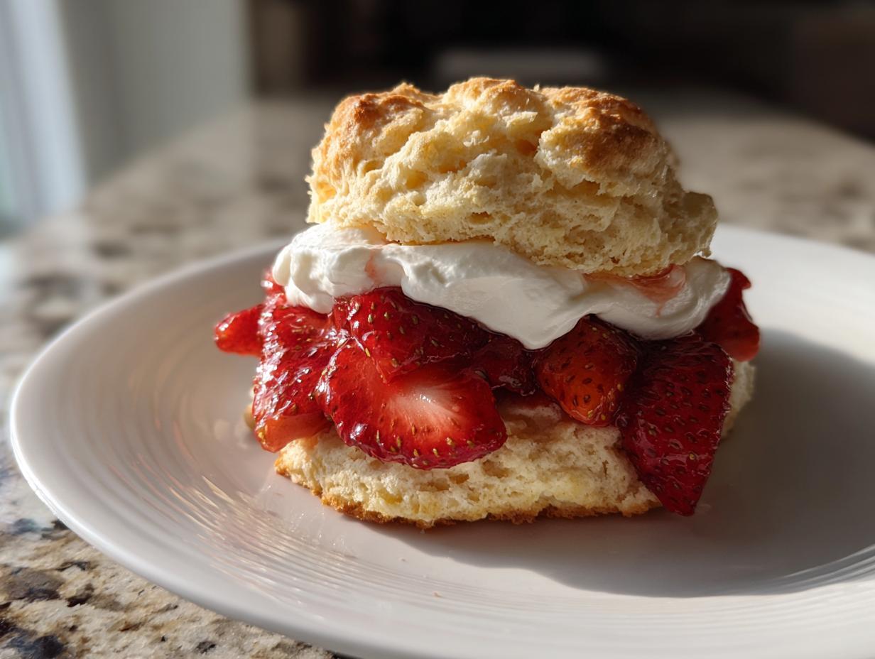 A close-up of a fluffy shortcake split and filled with macerated strawberries and whipped cream.