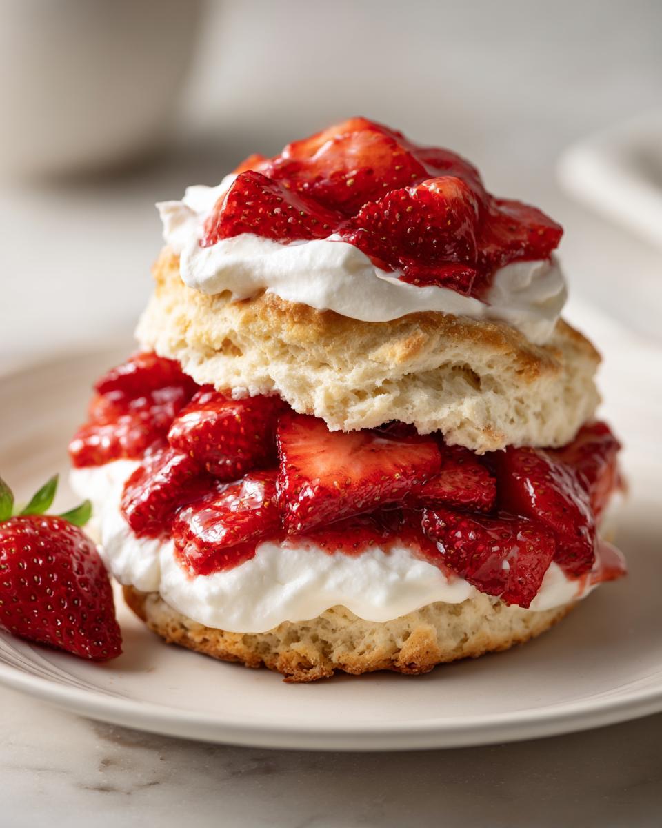 Close-up of a fluffy shortcake split and layered with whipped cream and macerated strawberries, with a fresh strawberry on the side.