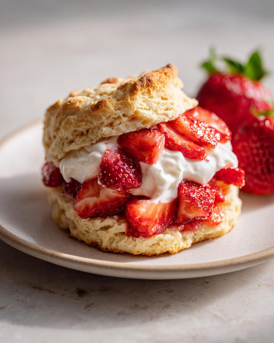 A fluffy biscuit split and filled with whipped cream and macerated strawberries, making a perfect shortcake.