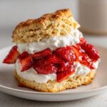 A close-up of a fluffy shortcake split and filled generously with whipped cream and macerated strawberries.