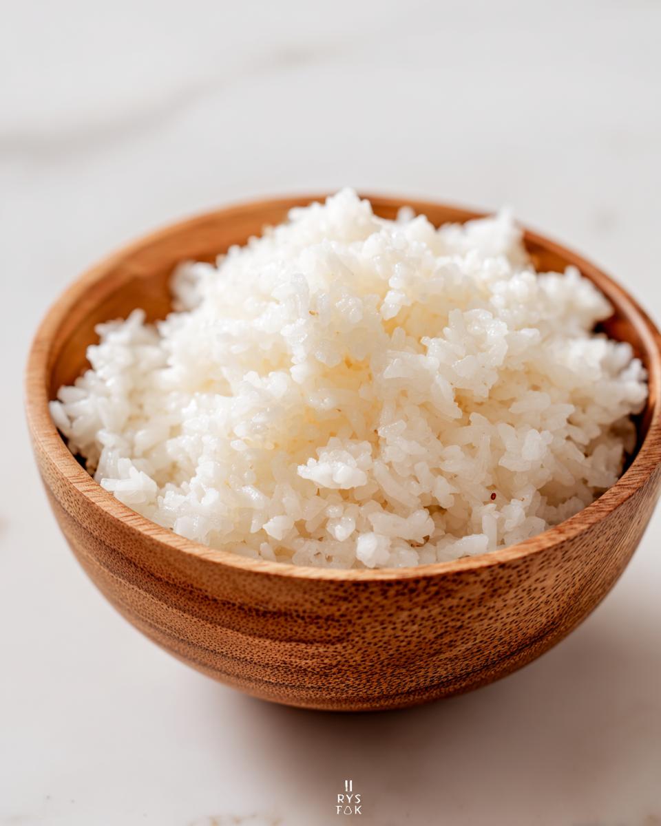 Close-up of perfectly cooked, fluffy white sushi rice served in a small, warm-toned wooden bowl.
