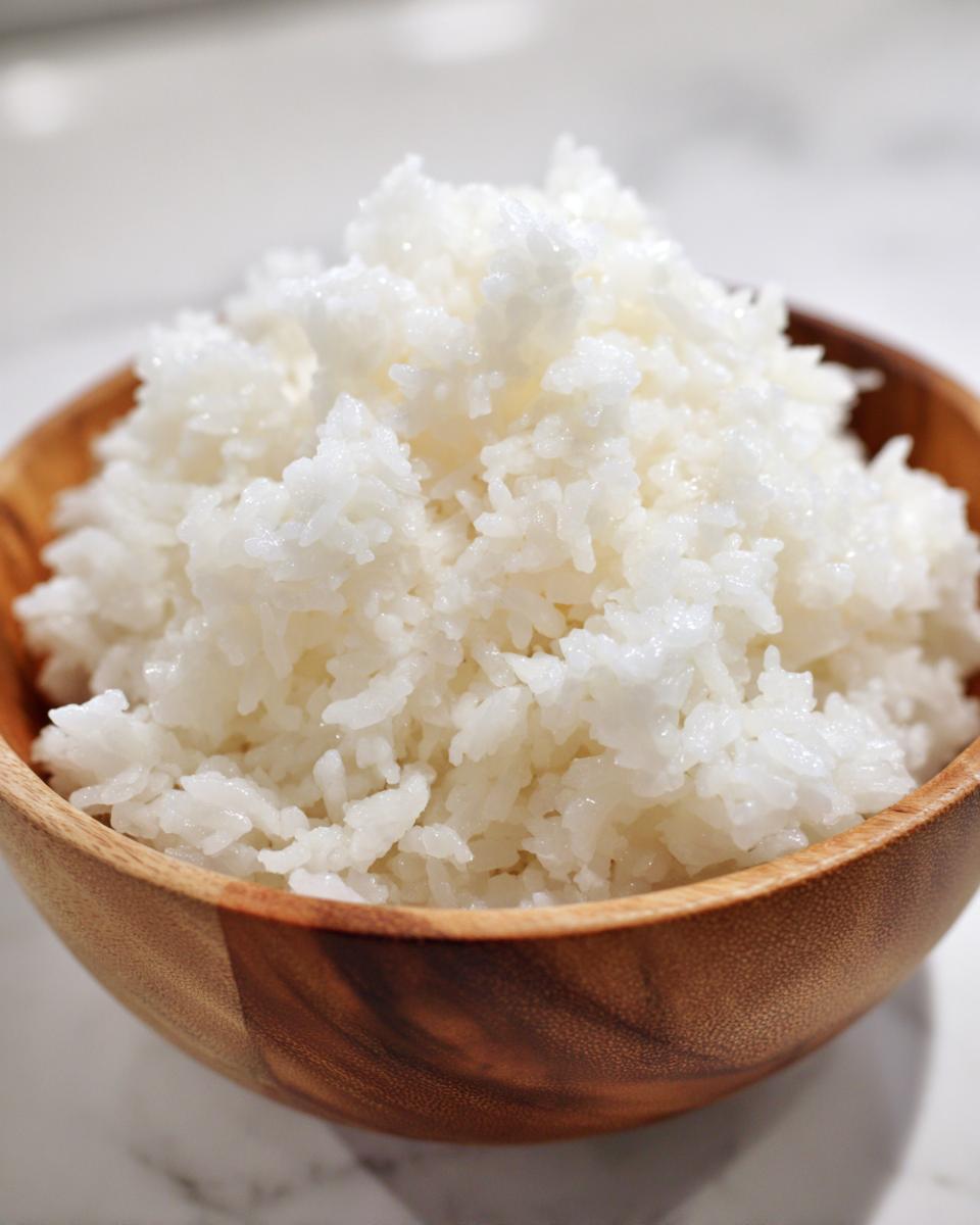 Close-up of fluffy, glossy sushi rice piled high in a small wooden bowl.