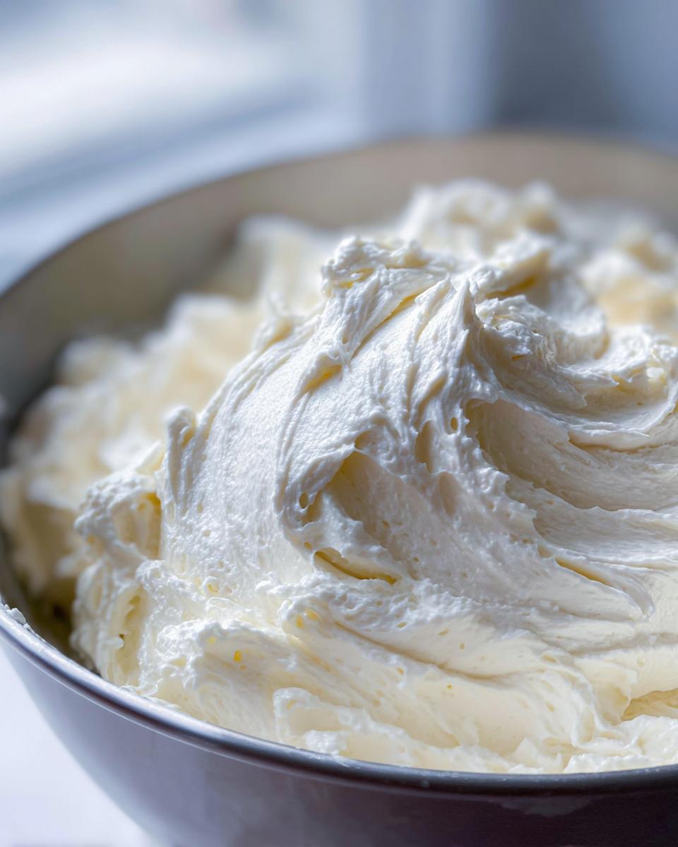 Close-up of freshly whipped, creamy vanilla buttercream frosting swirled high in a mixing bowl.