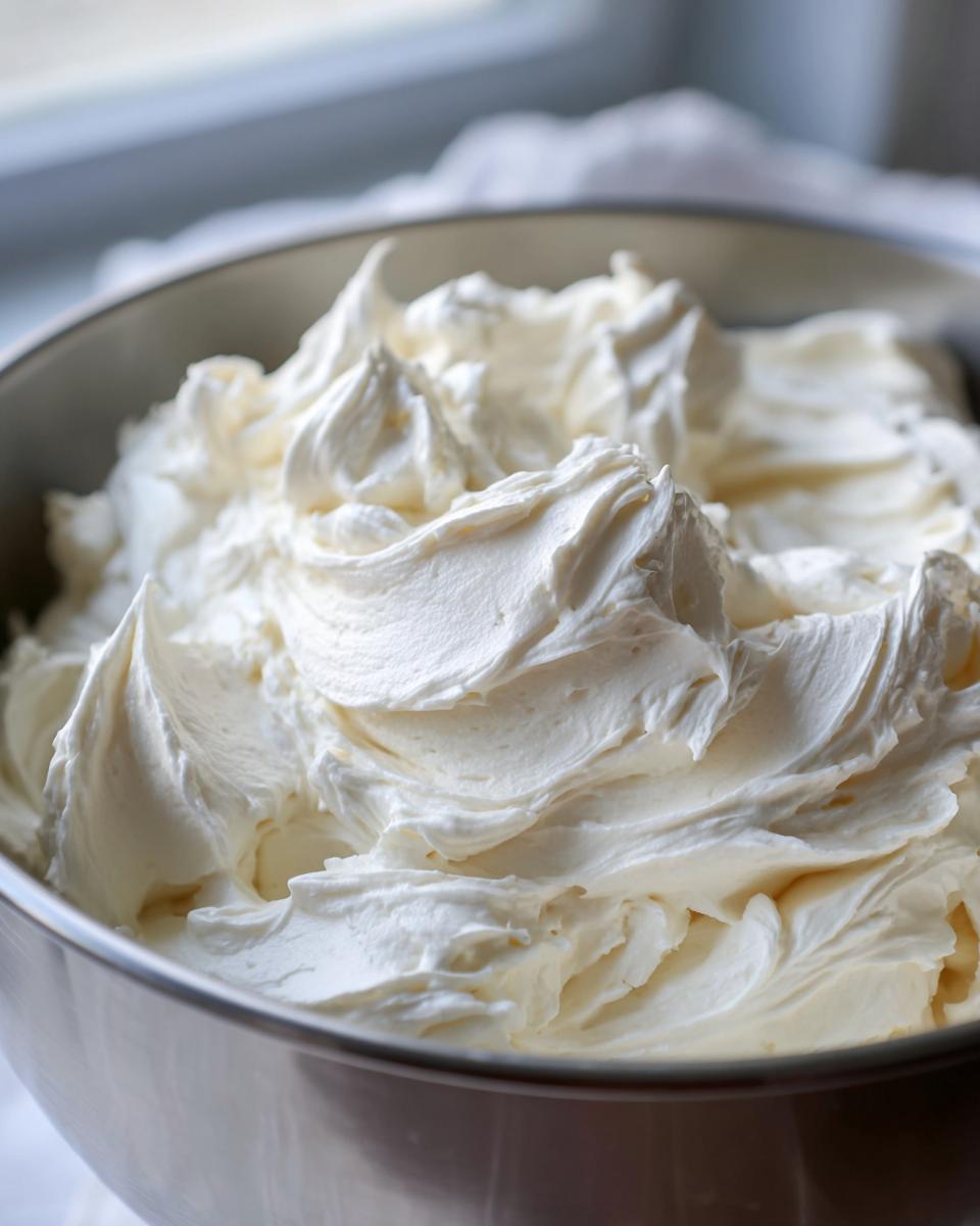 Close-up of freshly whipped, fluffy vanilla buttercream frosting piled high in a stainless steel mixing bowl.