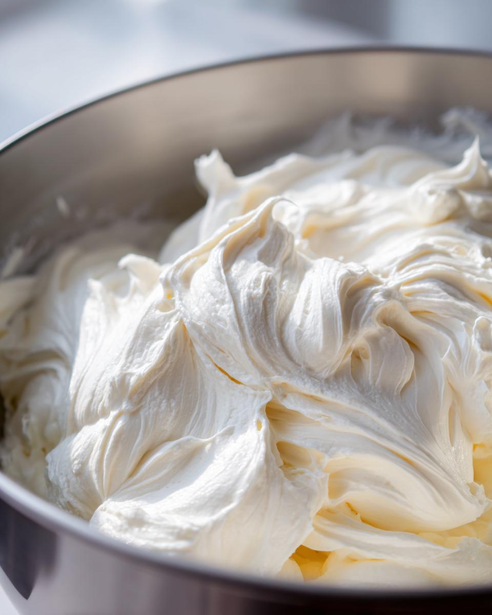 Close-up of freshly whipped, fluffy white vanilla buttercream frosting in a stainless steel mixing bowl.