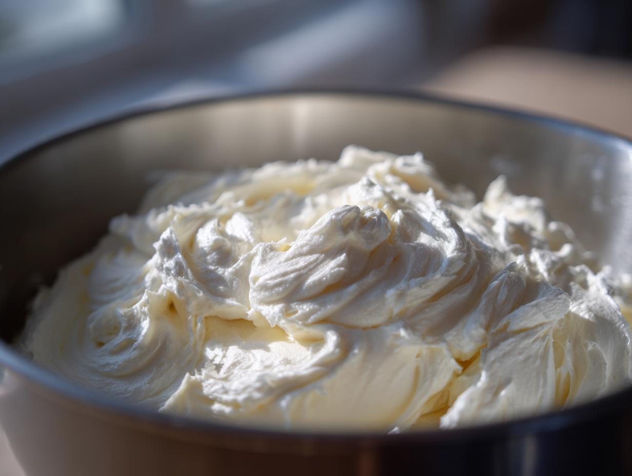 Close-up of freshly whipped, fluffy vanilla buttercream frosting swirled high in a stainless steel mixing bowl.