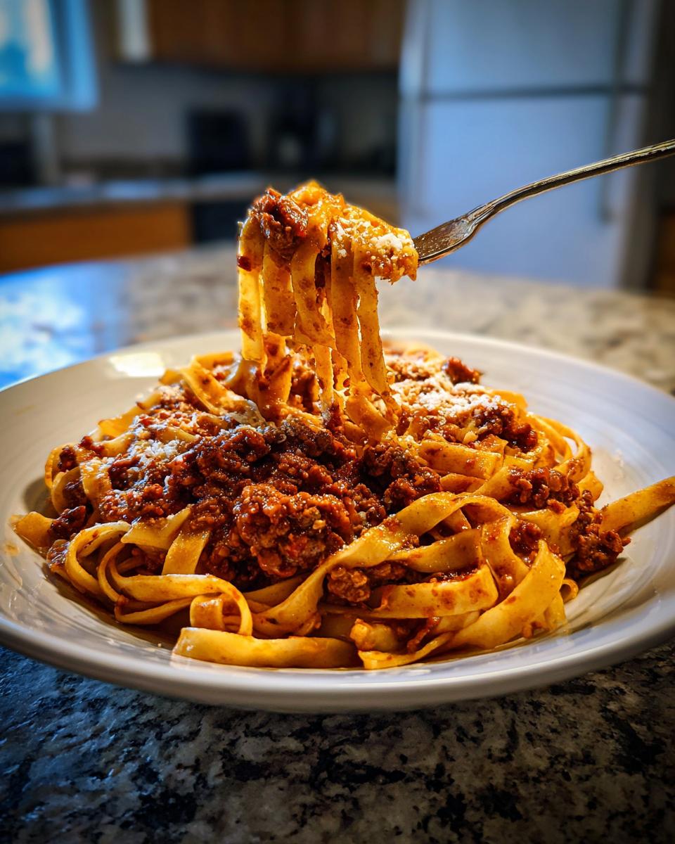 A fork lifting pasta coated in rich, meaty bolognese sauce, topped with parmesan cheese.
