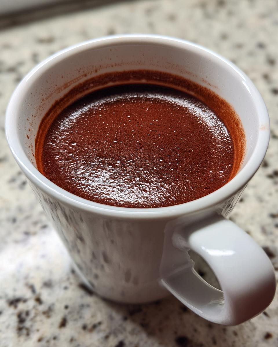 Close-up of rich, dark French hot chocolate foam in a white ceramic mug.
