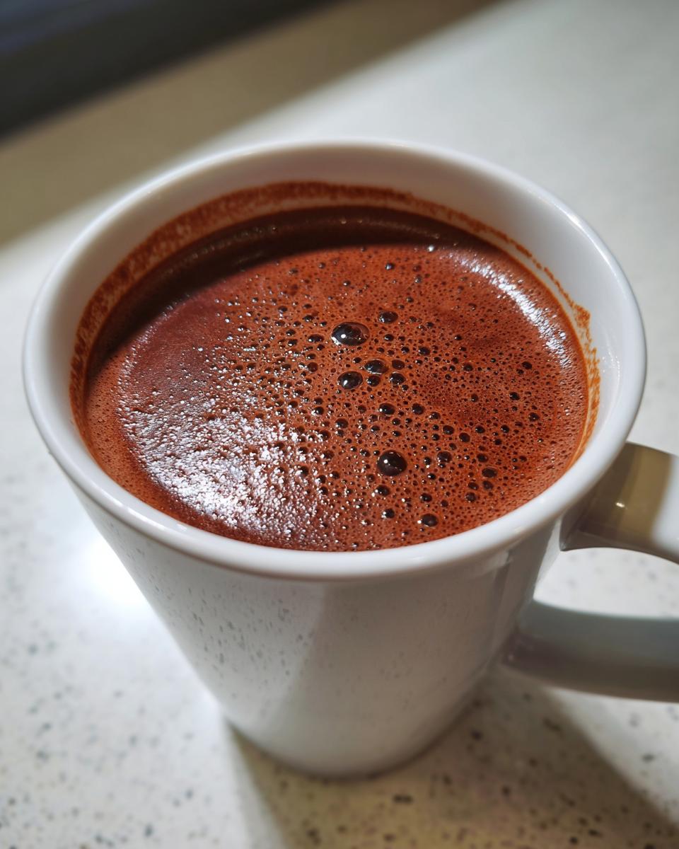 Close-up of rich, dark french hot chocolate with a foamy top in a speckled white mug.