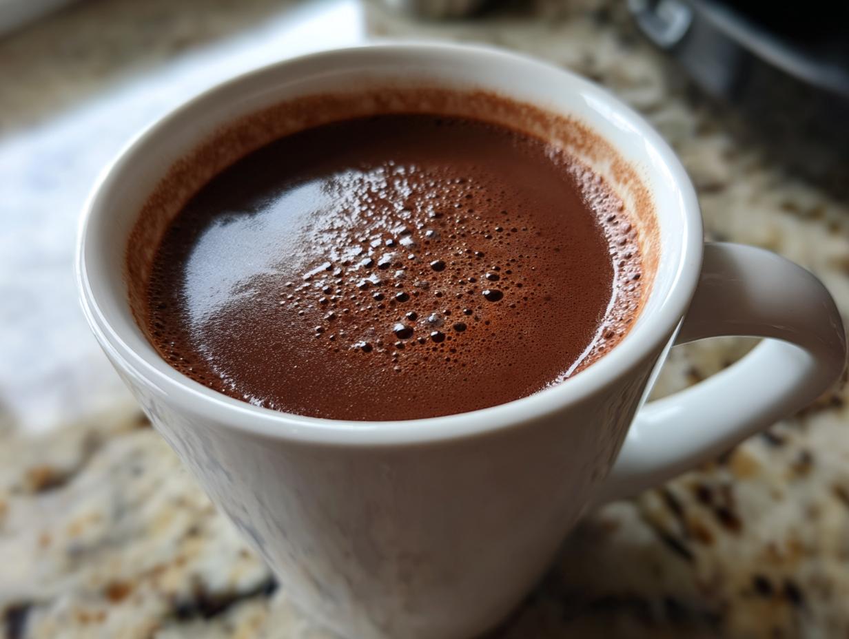Close-up of a rich, dark french hot chocolate with small bubbles on the surface, served in a white mug.