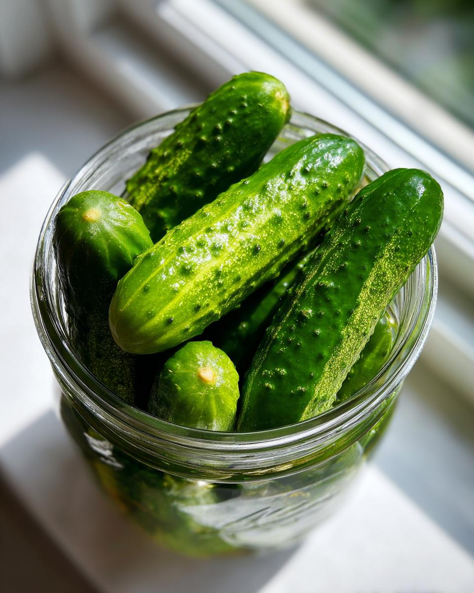 Close-up overhead view of fresh, bumpy pickling cucumbers packed into a glass jar for refrigerator pickles.