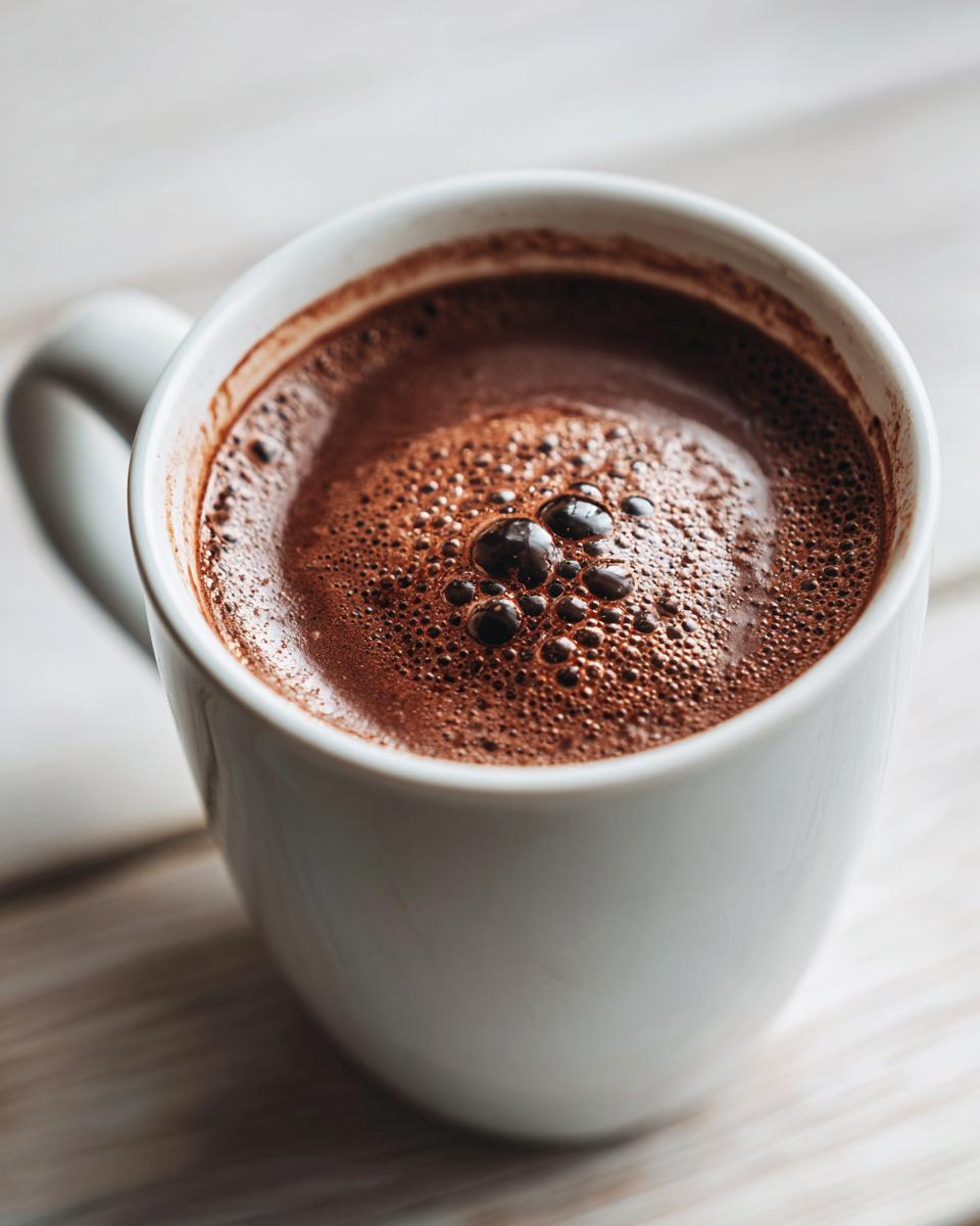 Close-up of a white mug filled with rich, frothy hot cocoa mix on a light wooden surface.