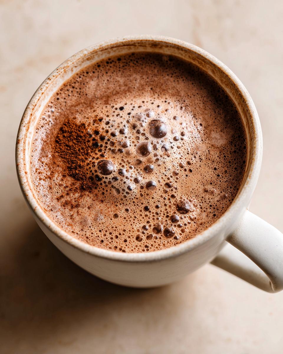 Overhead view of rich, frothy mexican hot chocolate topped with cocoa powder in a rustic white mug.