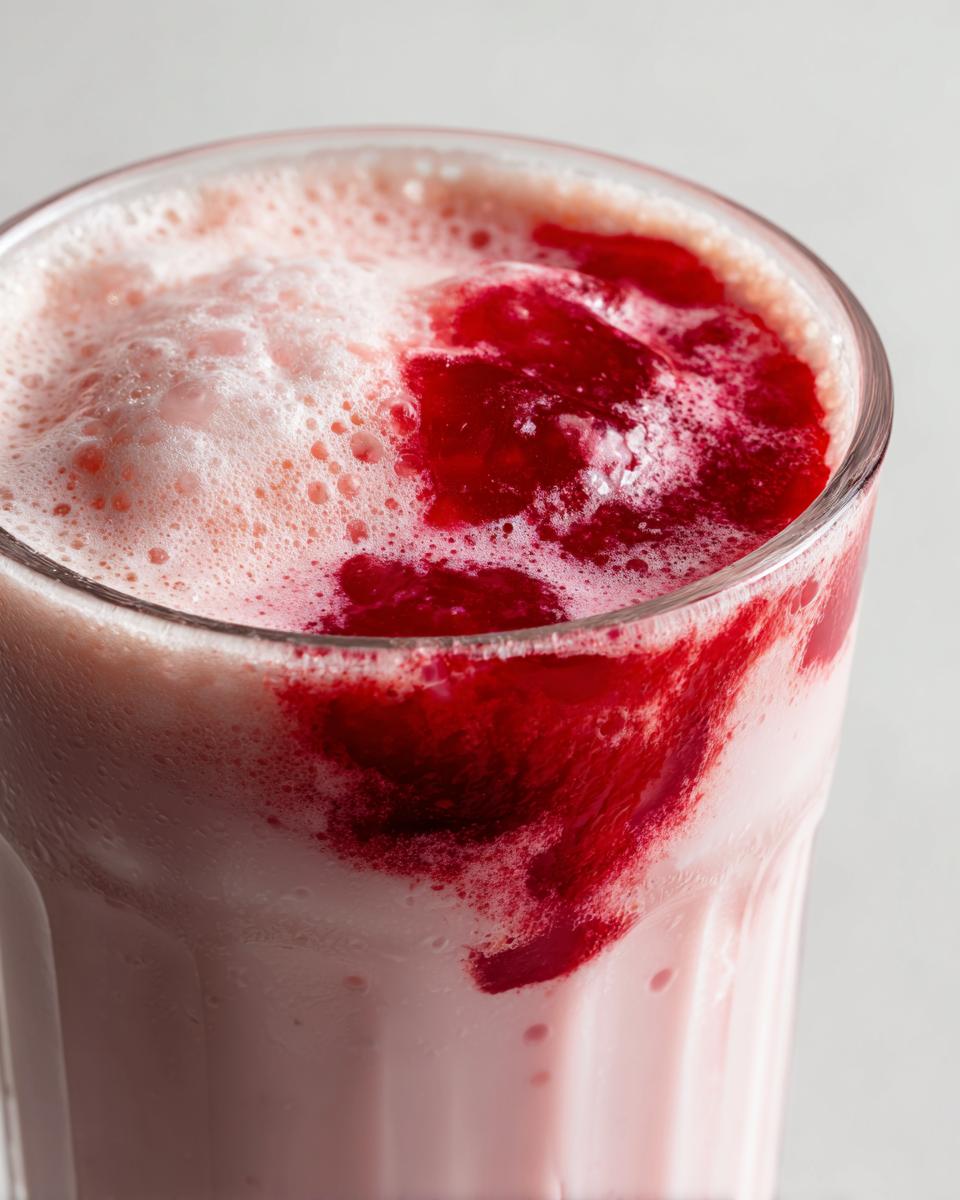 Close-up of a glass filled with frothy pink strawberry milk, featuring swirls of rich red strawberry syrup.