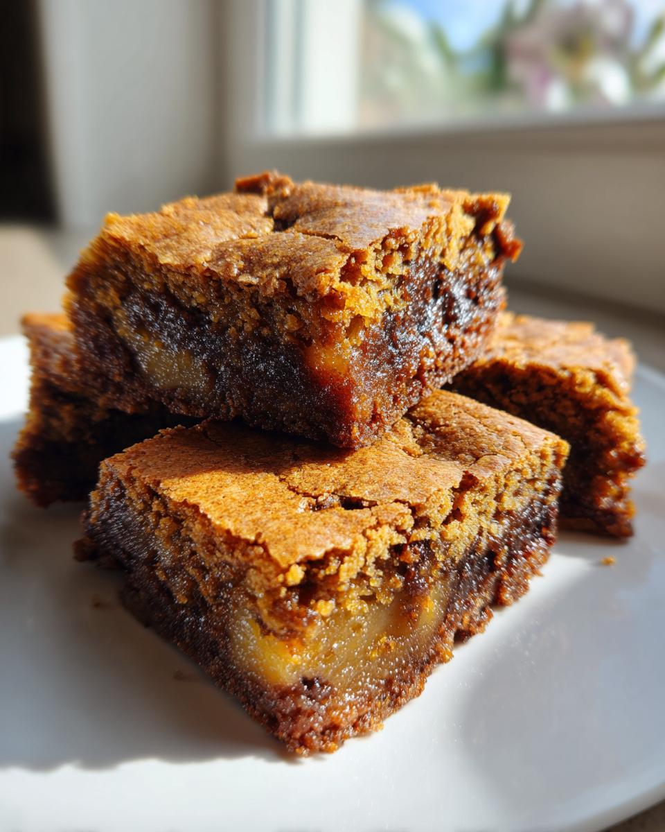 A stack of three moist, golden-brown apple brownies showing a gooey, caramelized apple filling inside.