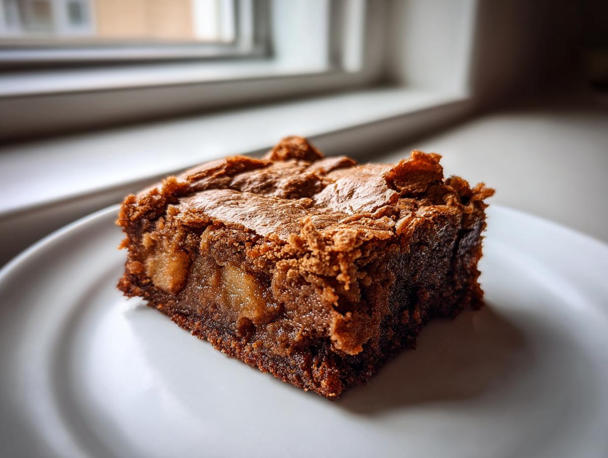 A rich, fudgy square of apple brownies sits on a white plate near a window.