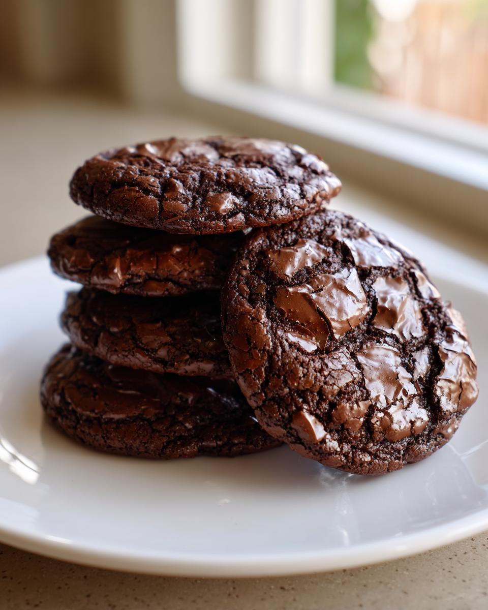 A stack of five rich, dark chocolate brownie cookies with shiny, cracked tops, resting on a white plate.