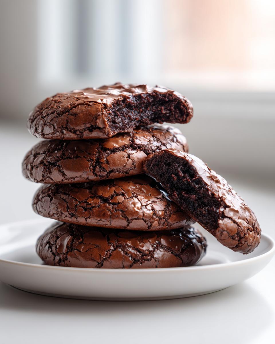 A stack of four fudgy brownie cookies on a white plate, with one cookie broken in half showing the dense interior.