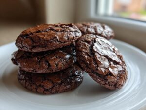 A stack of five rich, dark chocolate brownie cookies with shiny, crackled tops resting on a white plate.