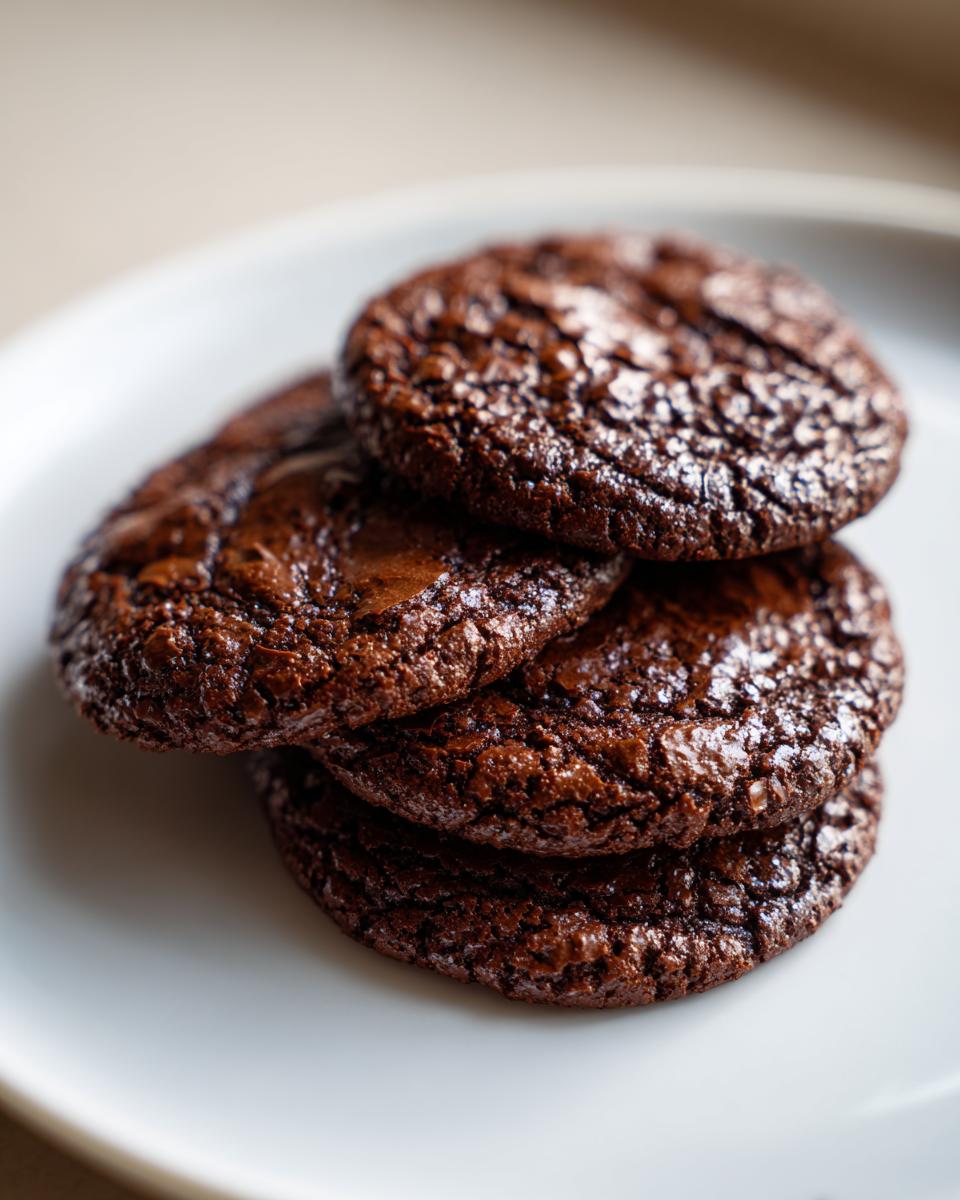 A close-up stack of four fudgy brownie cookies featuring a classic crackled, shiny top texture.