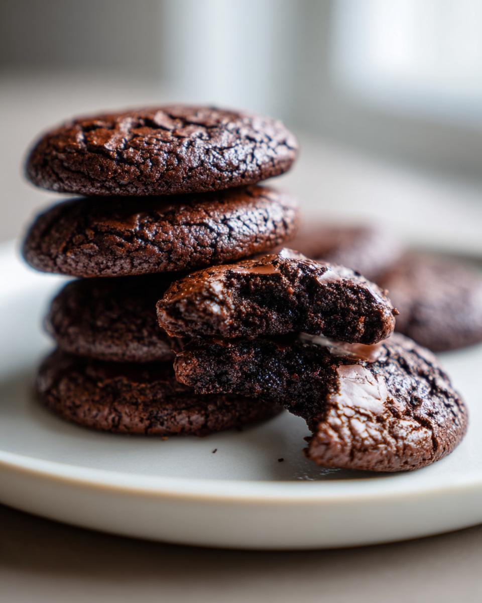 A stack of four fudgy brownie cookies, with the bottom one broken in half revealing a moist, chocolate interior.
